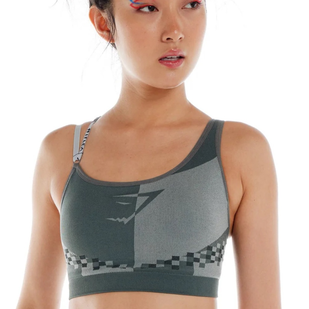 Gymshark Gray and green Sports Bra with Scoop Neckline and Patterned Straps